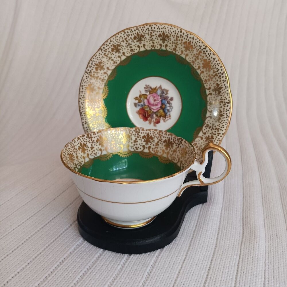 Vtg 1930 Aynsley C991 Green & Gold Tea Cup & Saucer, Cabbage Rose by J.A. Bailey